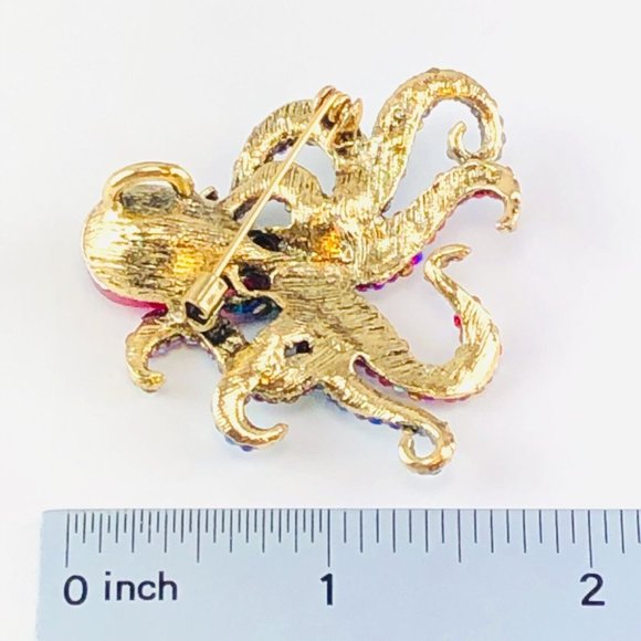 Brooch Octopus Bright Pink Blue & Violet Rhinestone Crystals Gold Tone - Picture 2 of 2
